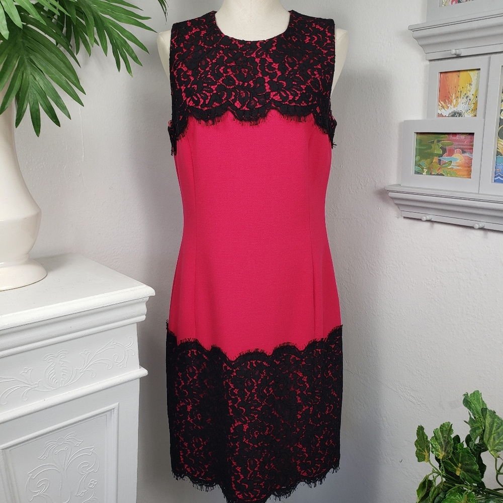 Michael Kors Fuschia Pink Black Lace Crochet Fringe NWOT sz 12